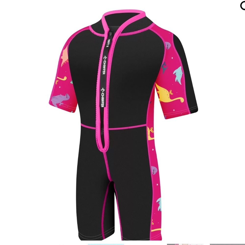 Chriffer Kids Wetsuit Size Medium Pink/Black Dino Print Details Short Sleeve